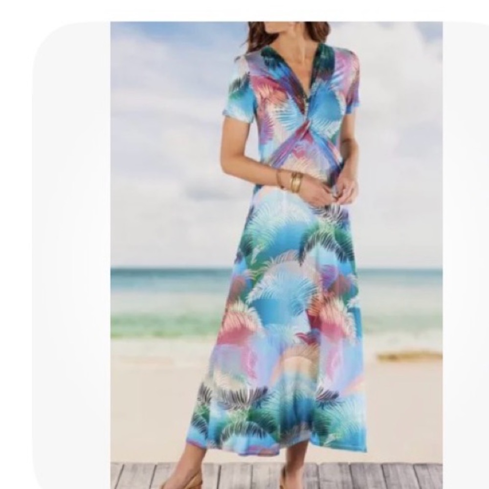 Soft Surroundings Dress Womens Large Blue Anya Ombré Palms Maxi Coastal 🌴